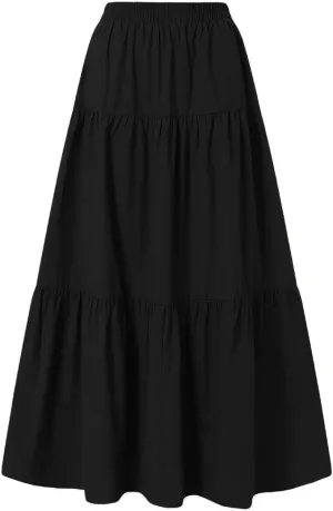 Womens Summer High Waist Boho Solid Color Maxi Skirt Casual Flowy Swing Tiered A Beach Long Skirts