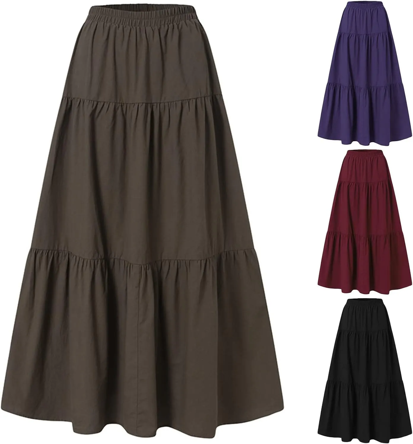 Womens Summer High Waist Boho Solid Color Maxi Skirt Casual Flowy Swing Tiered A Beach Long Skirts