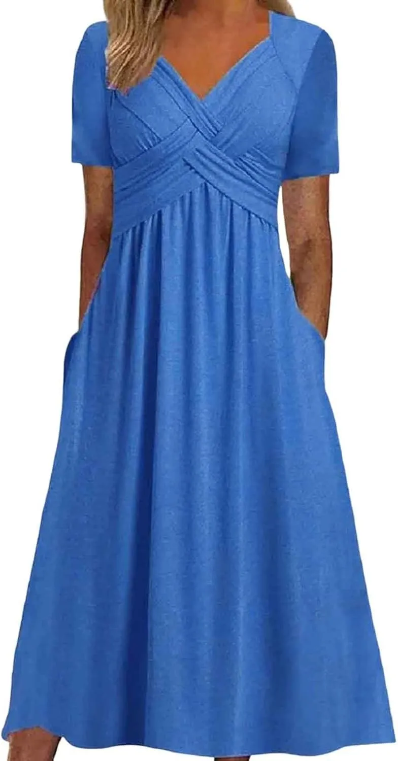 Women's Summer Maxi Dress 2025 Casual Short Sleeve Wrap V Neck Flowy Swing Plated Long Beach Dresses with Pockets