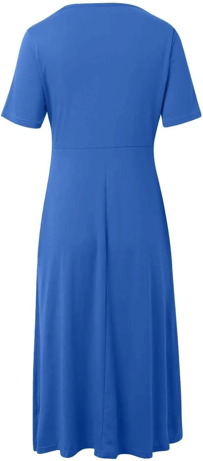 Women's Summer Maxi Dress 2025 Casual Short Sleeve Wrap V Neck Flowy Swing Plated Long Beach Dresses with Pockets