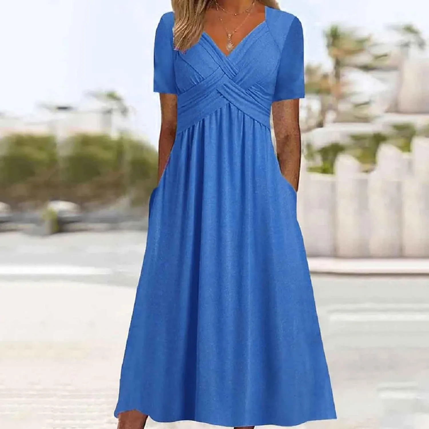Women's Summer Maxi Dress 2025 Casual Short Sleeve Wrap V Neck Flowy Swing Plated Long Beach Dresses with Pockets