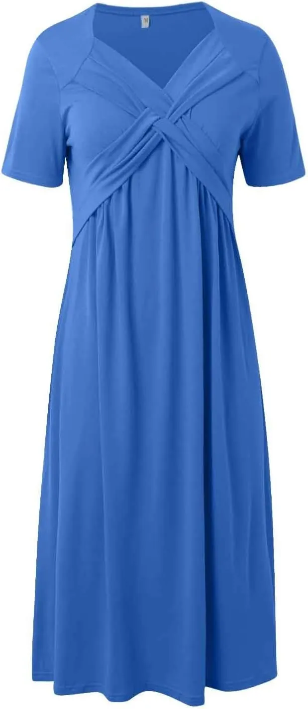 Women's Summer Maxi Dress 2025 Casual Short Sleeve Wrap V Neck Flowy Swing Plated Long Beach Dresses with Pockets