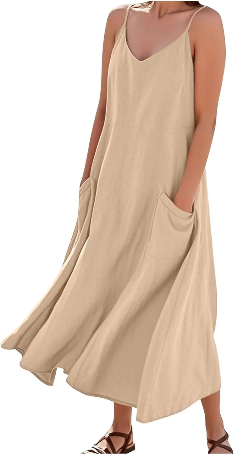 Women's Summer Maxi Dress Casual Boho Spaghetti Strap Dresses Beach Vacation Pockets Sundress Solid Travel Clothes