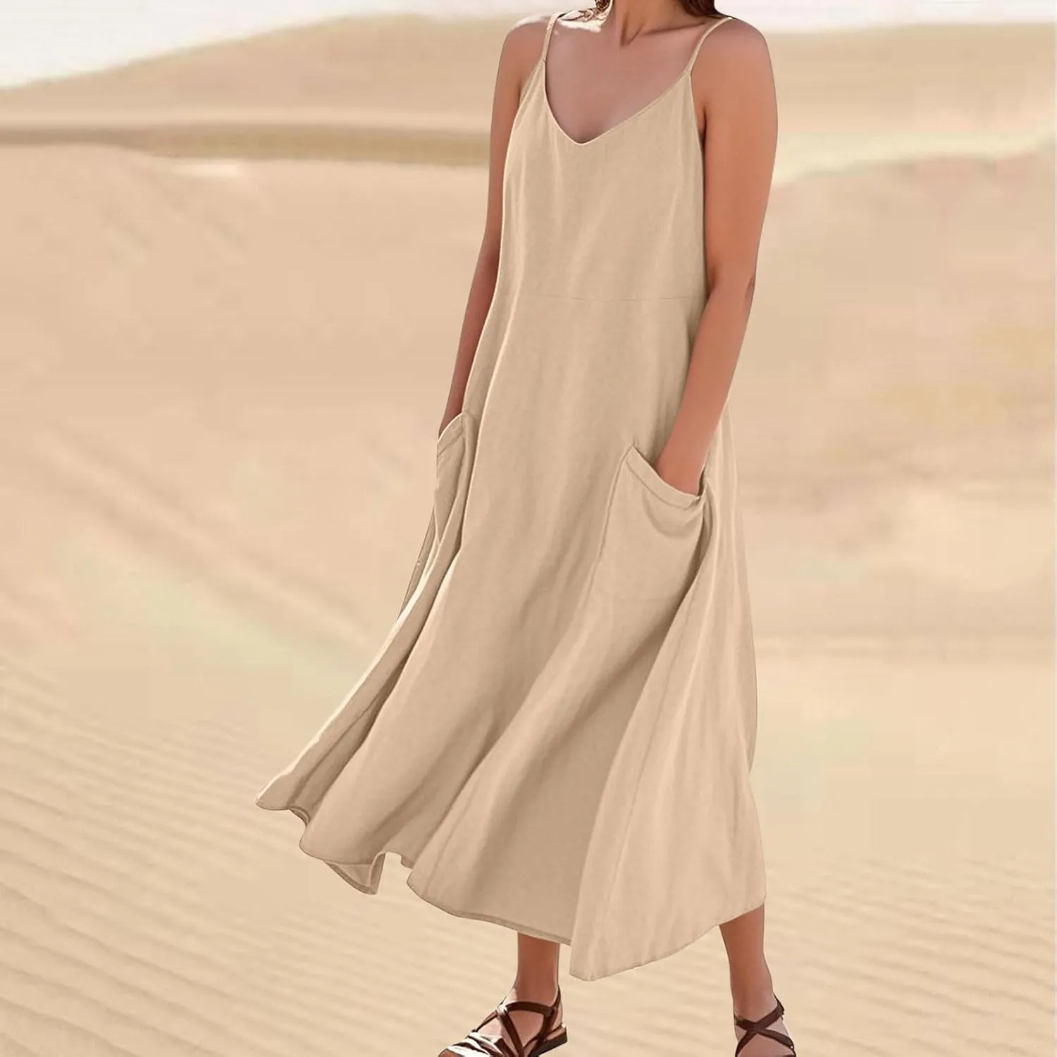 Women's Summer Maxi Dress Casual Boho Spaghetti Strap Dresses Beach Vacation Pockets Sundress Solid Travel Clothes