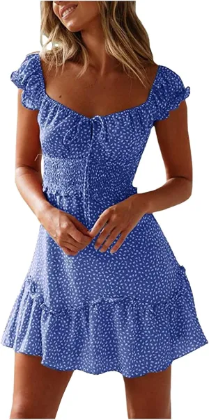 Women's Summer Ruffle Sleeve Sweetheart Neckline Printing Dresses Boho Beach Vacation Mini Dress Short Sundresses
