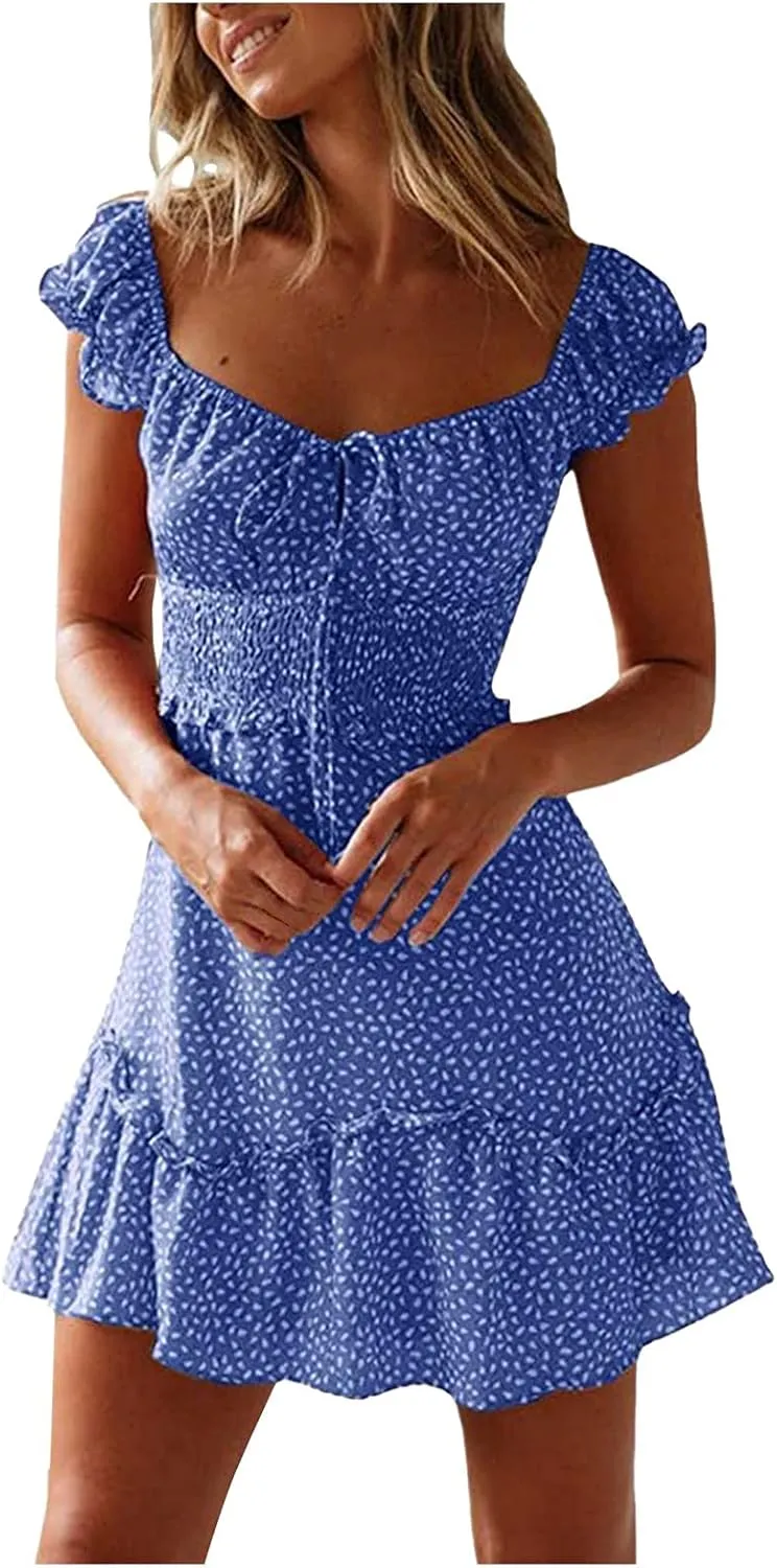 Women's Summer Ruffle Sleeve Sweetheart Neckline Printing Dresses Boho Beach Vacation Mini Dress Short Sundresses