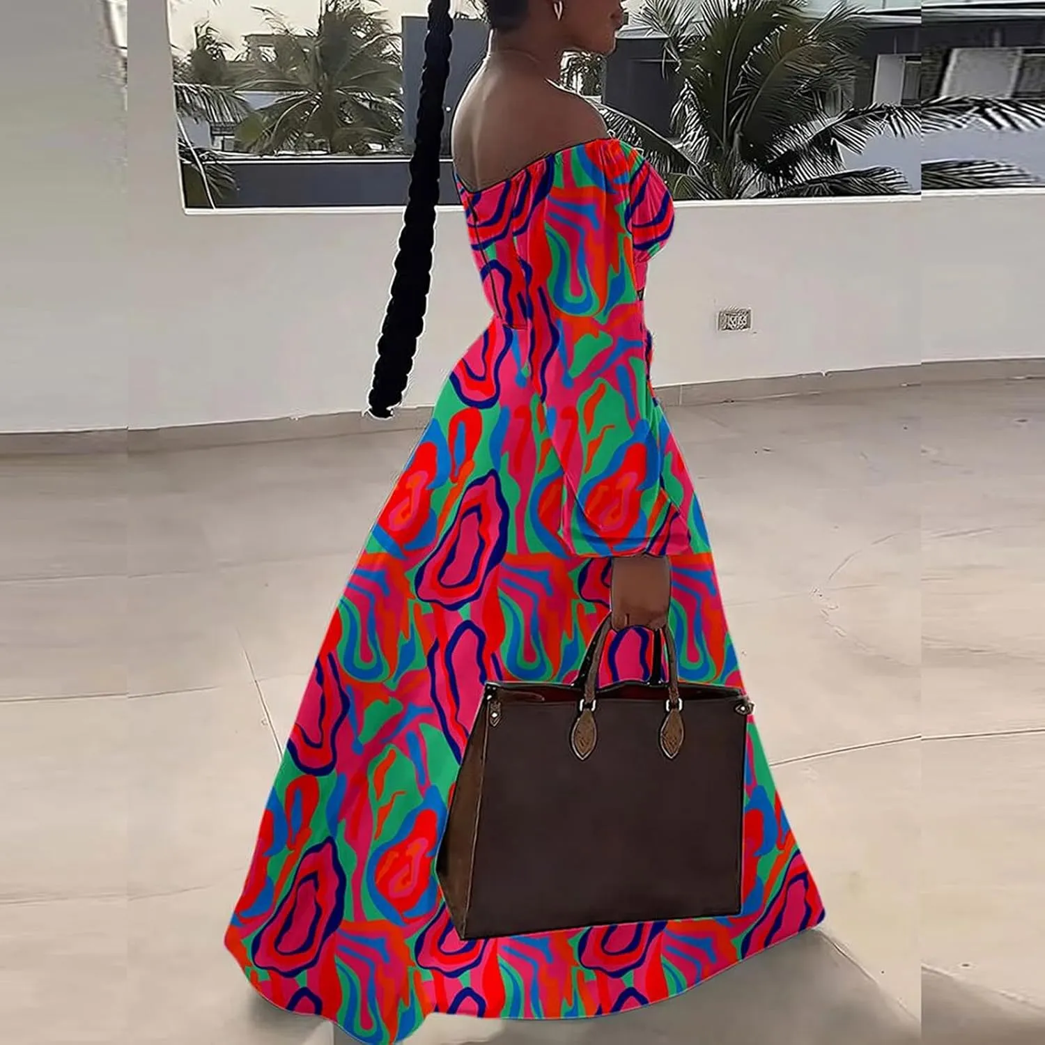 Women's Summer Two Piece Outfits Off Shoulder Lantern Sleeve Crop Top and High Slit Maxi Skirt Set