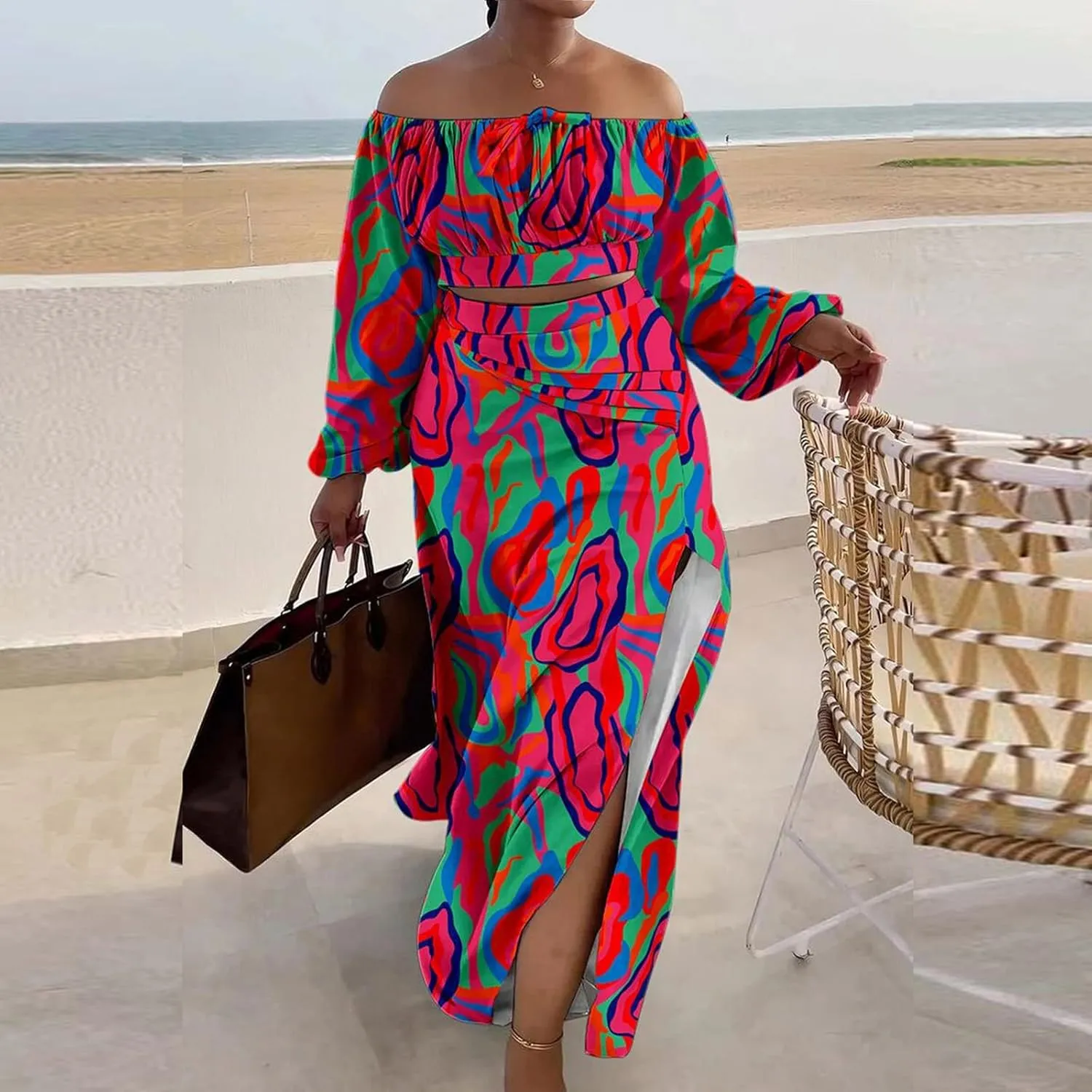 Women's Summer Two Piece Outfits Off Shoulder Lantern Sleeve Crop Top and High Slit Maxi Skirt Set