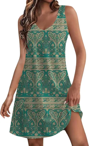 Women's Sundresses 2024 Casual Beach Tank Dress Flared V Neck Sleeveless Mini Dress with Pockets