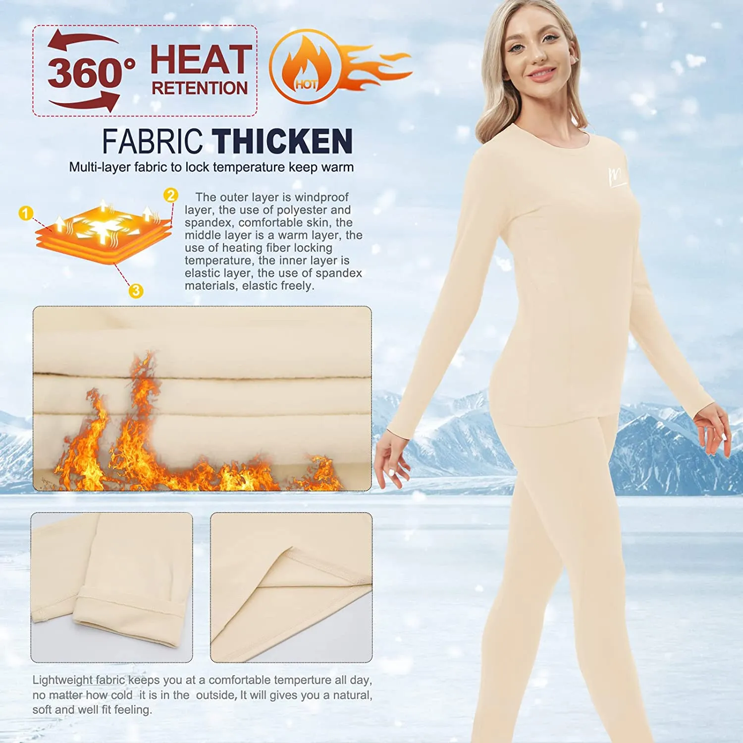 Womens Thermal Underwear for Women, Winter Warm Base Layer Compression Set Fleece Lined Long Johns