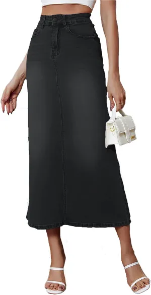 Women's Vintage Denim Long Skirt A-Line High Waisted Front Slit Casual Maxi Jean Skirt