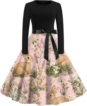 Women's Vintage Easter Egg Print A-Line Dress with Long Sleeves and Belt Perfect for Spring Celebrations