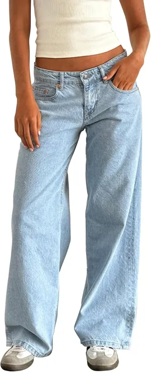 Women's Wide Leg Boyfriend Denim Pants - Low Rise Baggy Casual Loose Jeans - Y2K E-Girl Style