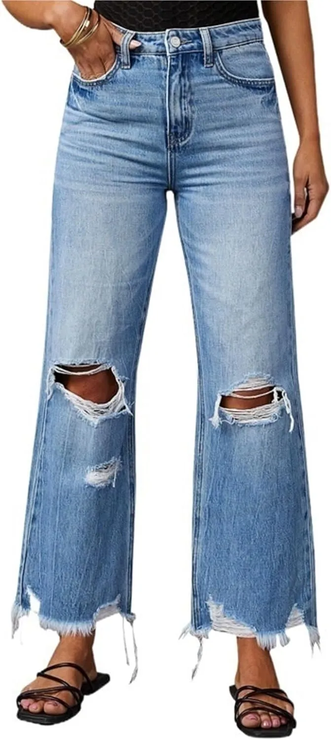 Women's Wide-Leg Pants Tassel Washed Ripped High-Waist Jeans Straight Casual Trousers Women's
