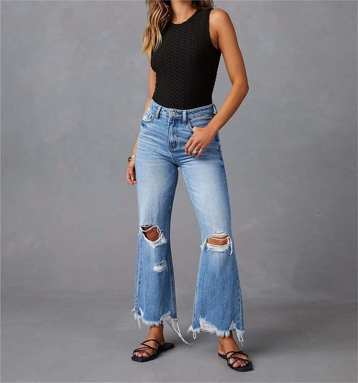 Women's Wide-Leg Pants Tassel Washed Ripped High-Waist Jeans Straight Casual Trousers Women's