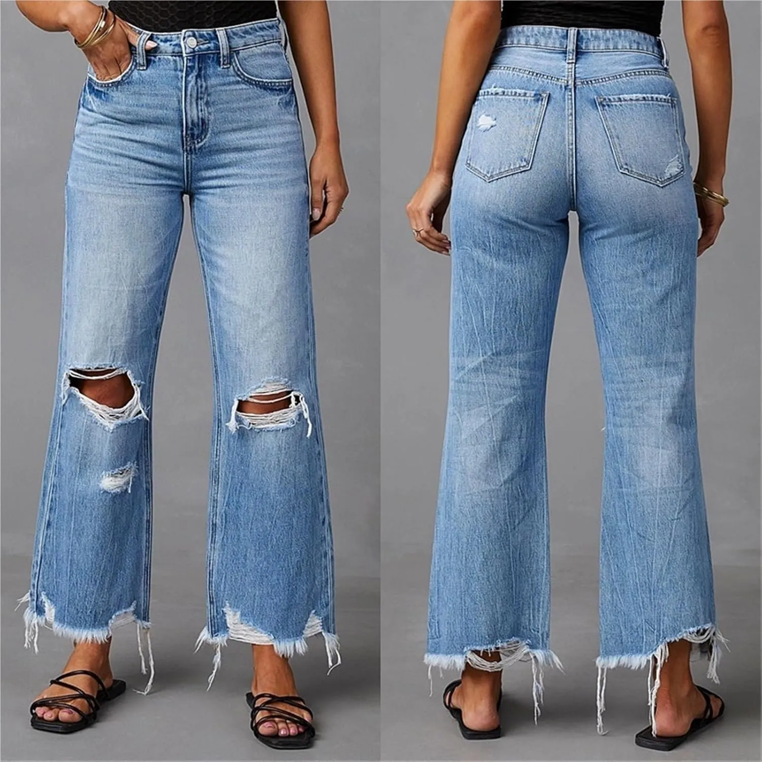 Women's Wide-Leg Pants Tassel Washed Ripped High-Waist Jeans Straight Casual Trousers Women's