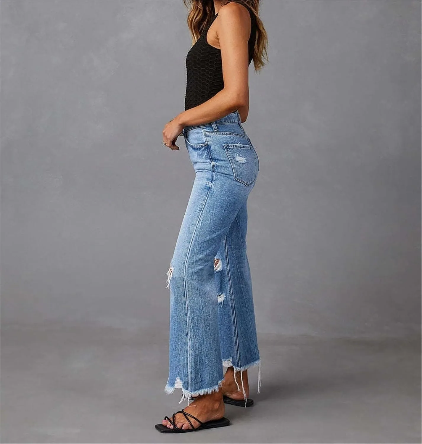 Women's Wide-Leg Pants Tassel Washed Ripped High-Waist Jeans Straight Casual Trousers Women's