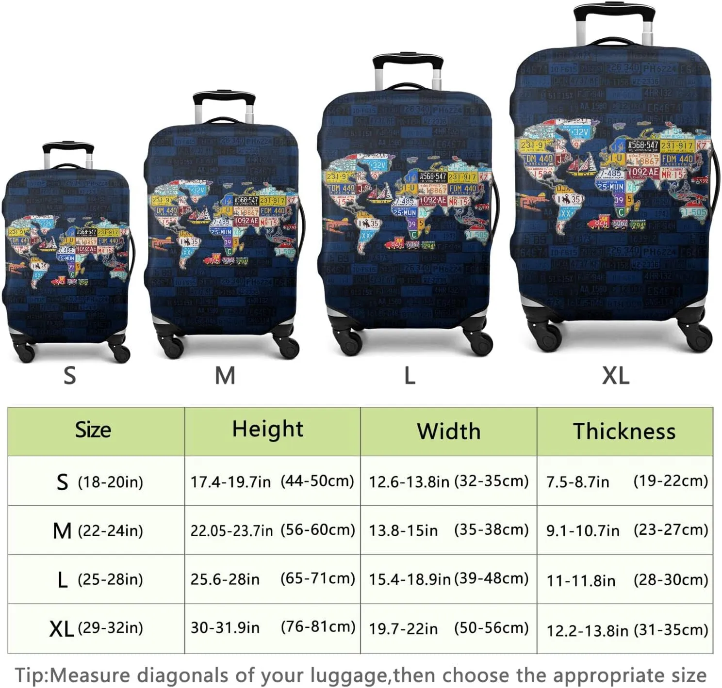 World Travel License Plate Map Luggage Cover - Spandex Suitcase Protector Fit 22-24 Inch