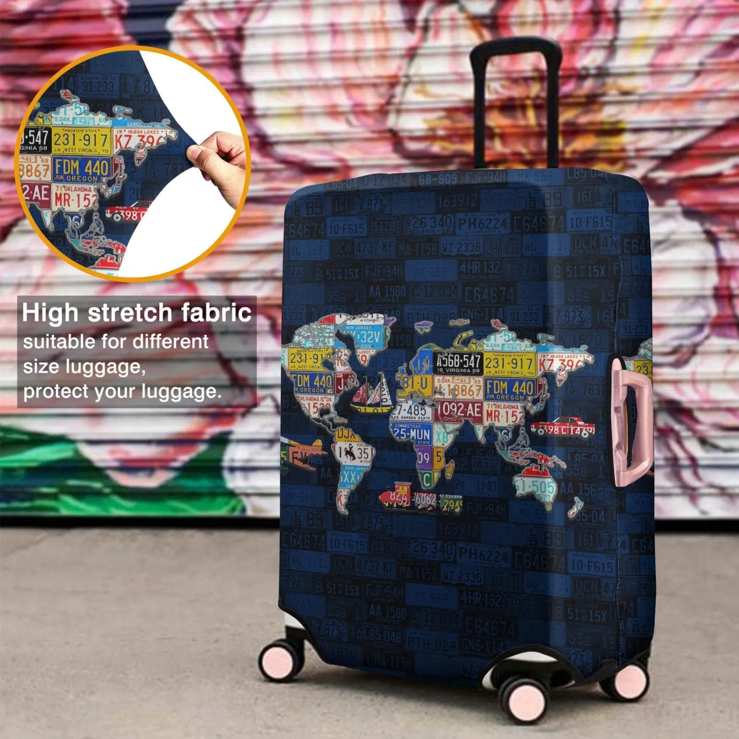 World Travel License Plate Map Luggage Cover - Spandex Suitcase Protector Fit 22-24 Inch