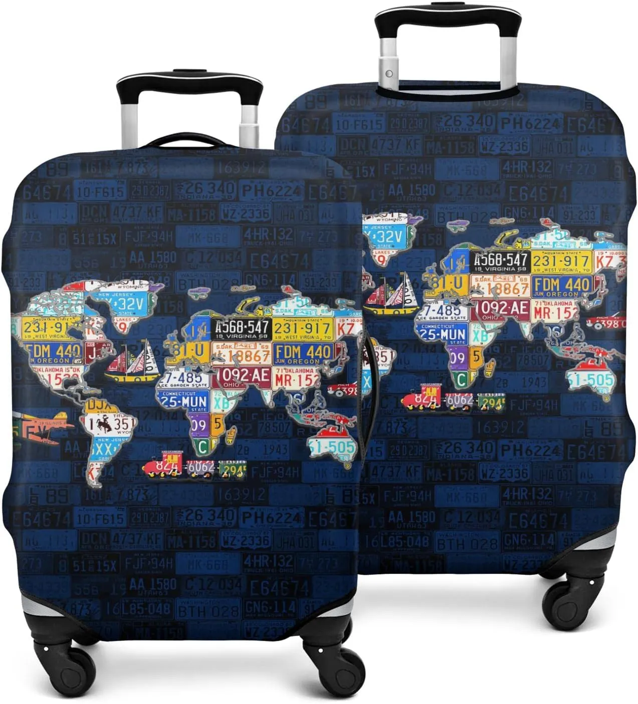 World Travel License Plate Map Luggage Cover - Spandex Suitcase Protector Fit 22-24 Inch