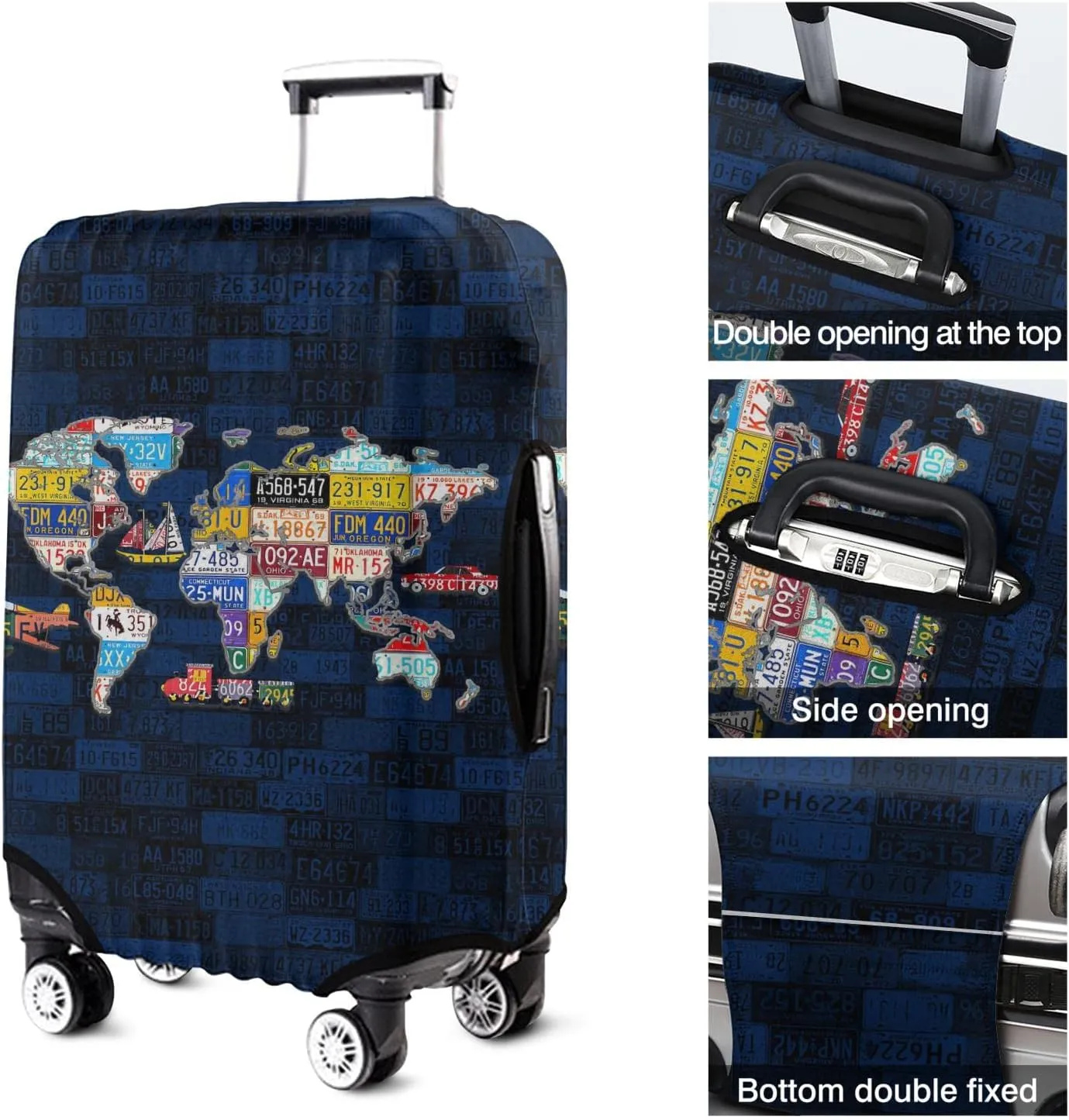 World Travel License Plate Map Luggage Cover - Spandex Suitcase Protector Fit 22-24 Inch
