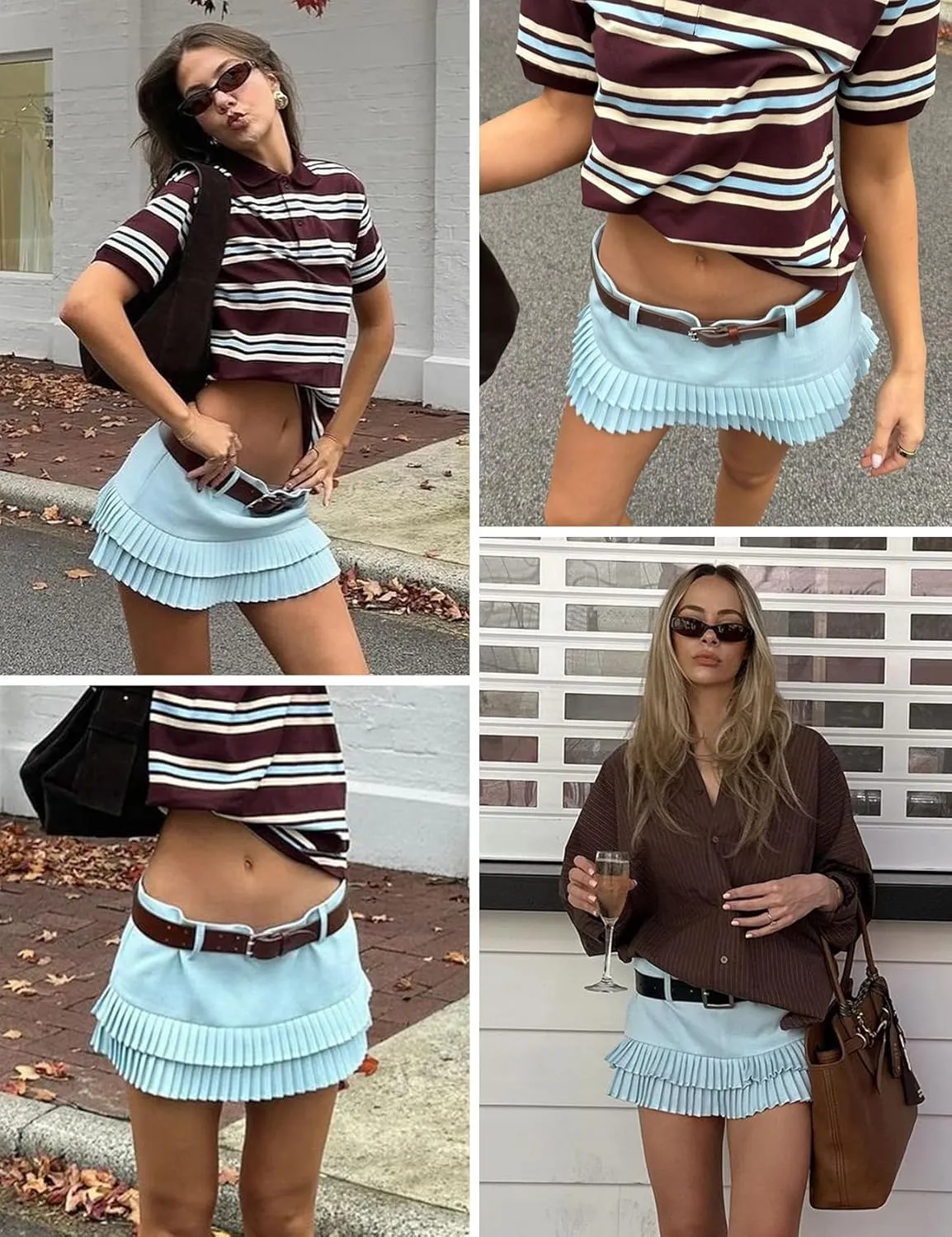 Wyeysyt Double Ruffle Mini Skort for Women Y2k Low Waist Pleated Mini Skirts with Shorts