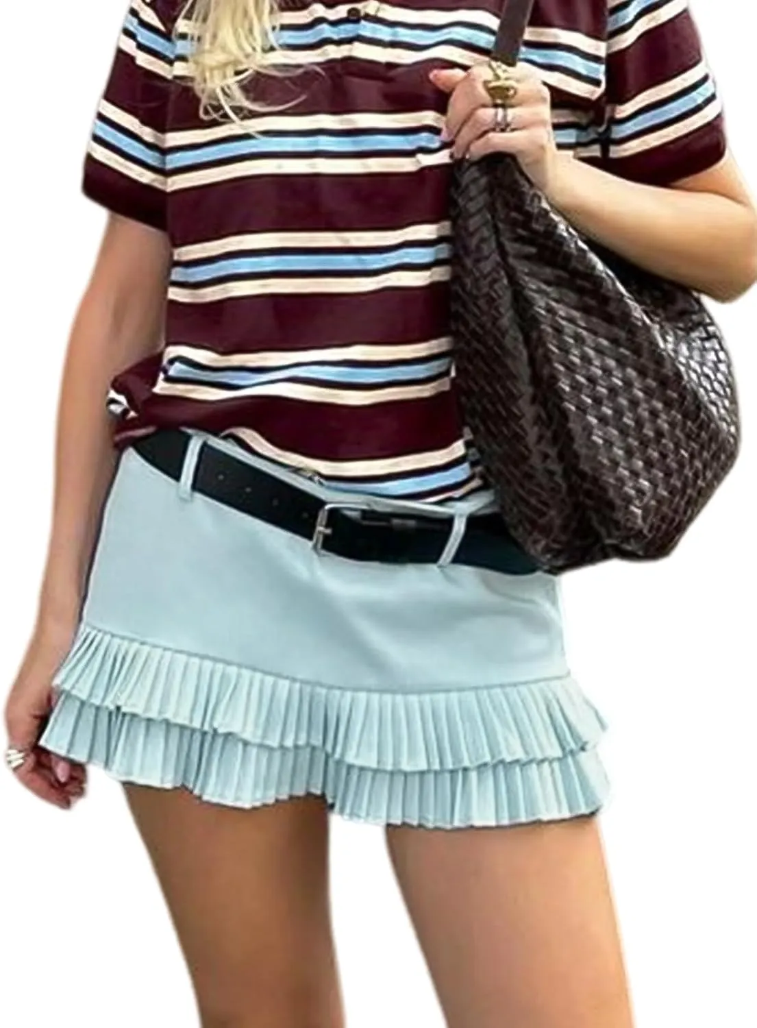 Wyeysyt Double Ruffle Mini Skort for Women Y2k Low Waist Pleated Mini Skirts with Shorts