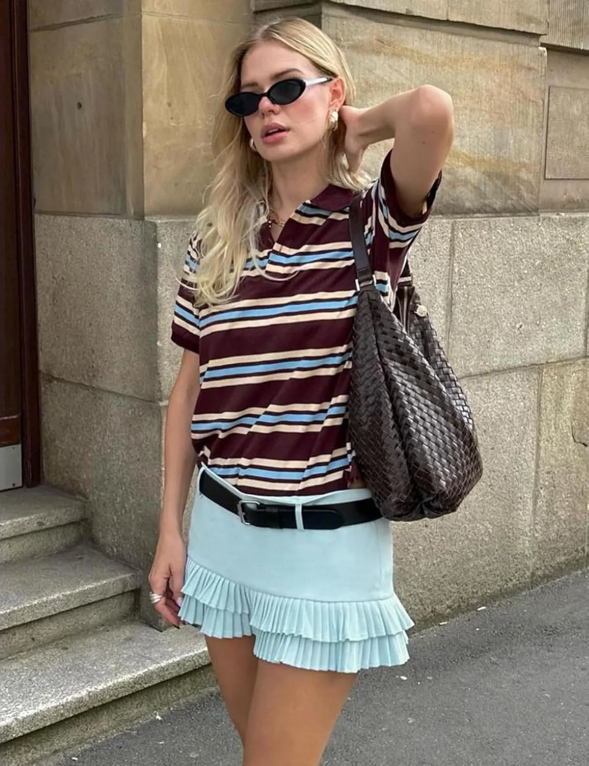 Wyeysyt Double Ruffle Mini Skort for Women Y2k Low Waist Pleated Mini Skirts with Shorts