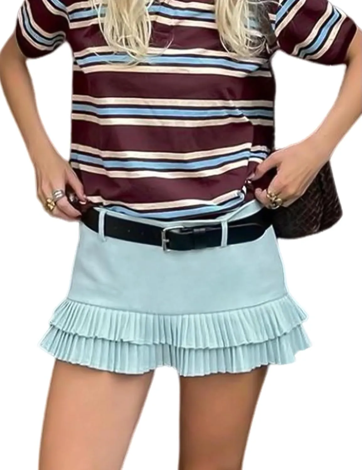 Wyeysyt Double Ruffle Mini Skort for Women Y2k Low Waist Pleated Mini Skirts with Shorts