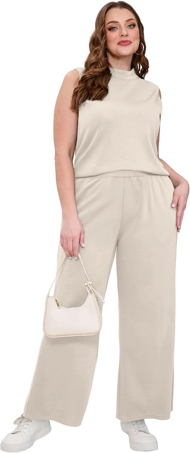 XIEERDUO Two Piece Sets for Women Summer Outfits Travel Mock Neck Lounge Sets Wide Leg Pants Beach Vacation Clothes