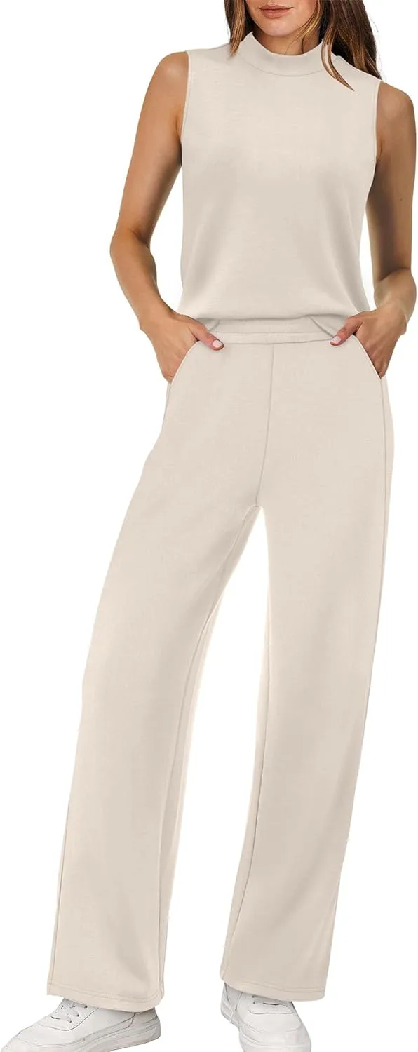 XIEERDUO Two Piece Sets for Women Summer Outfits Travel Mock Neck Lounge Sets Wide Leg Pants Beach Vacation Clothes