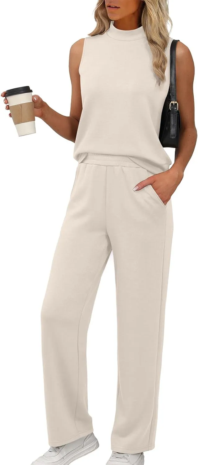 XIEERDUO Two Piece Sets for Women Summer Outfits Travel Mock Neck Lounge Sets Wide Leg Pants Beach Vacation Clothes
