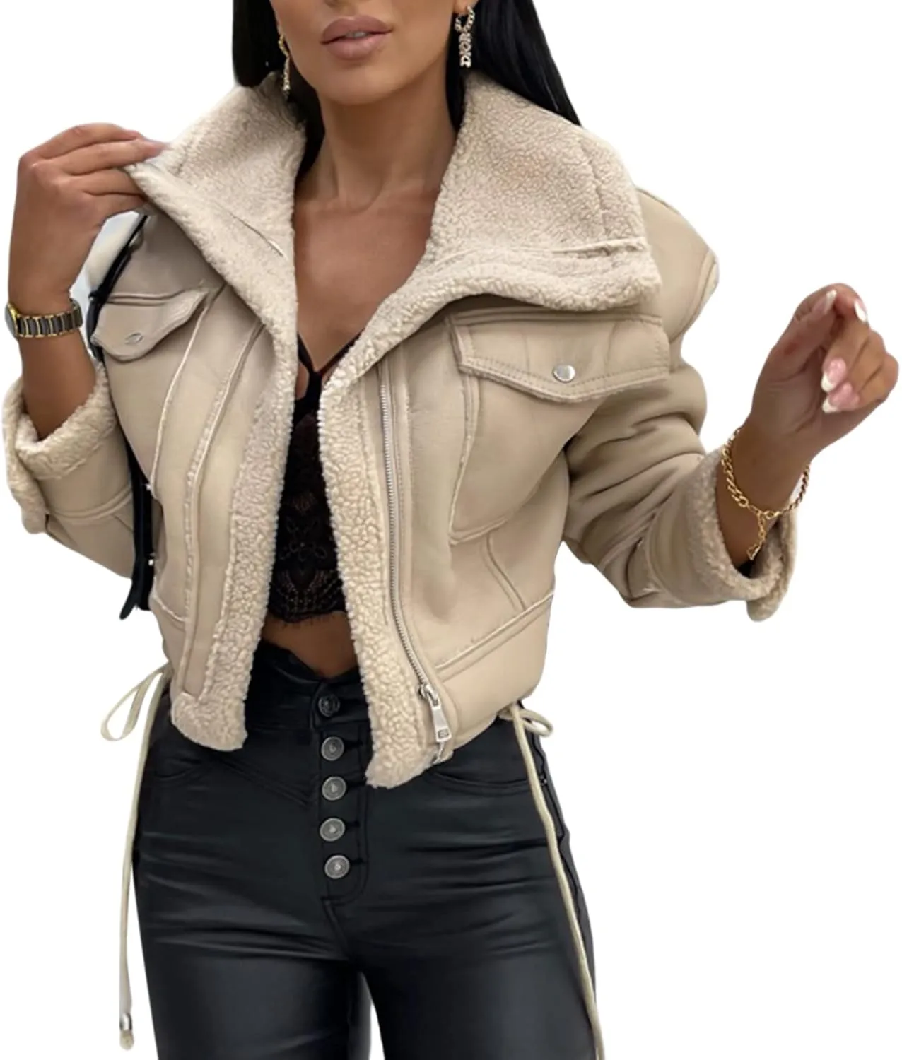 Yoawdats Women's Faux Leather Jacket with Faux Fur Plush Collar Thicken Warm Long Sleeve Parka Cardigan with Belt Outwear