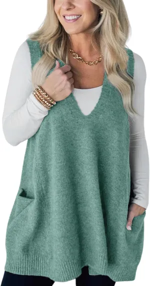 yoeasy Womens Sleeveless Sweater Vest Oversized V Neck Loose Knit Casual A Line Tunic Pullover Top with Pockets