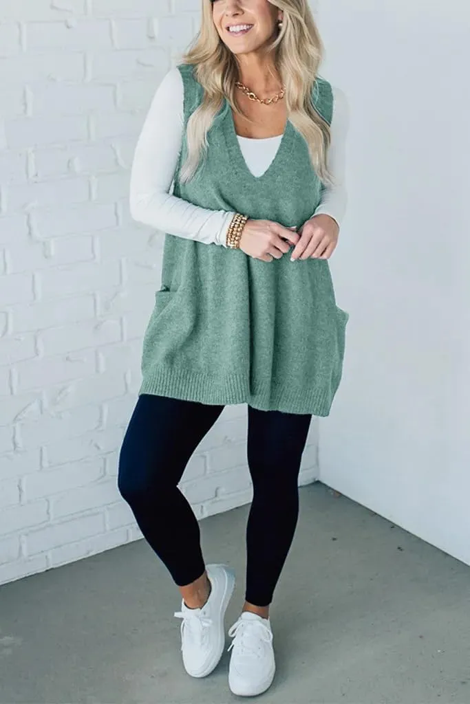 yoeasy Womens Sleeveless Sweater Vest Oversized V Neck Loose Knit Casual A Line Tunic Pullover Top with Pockets
