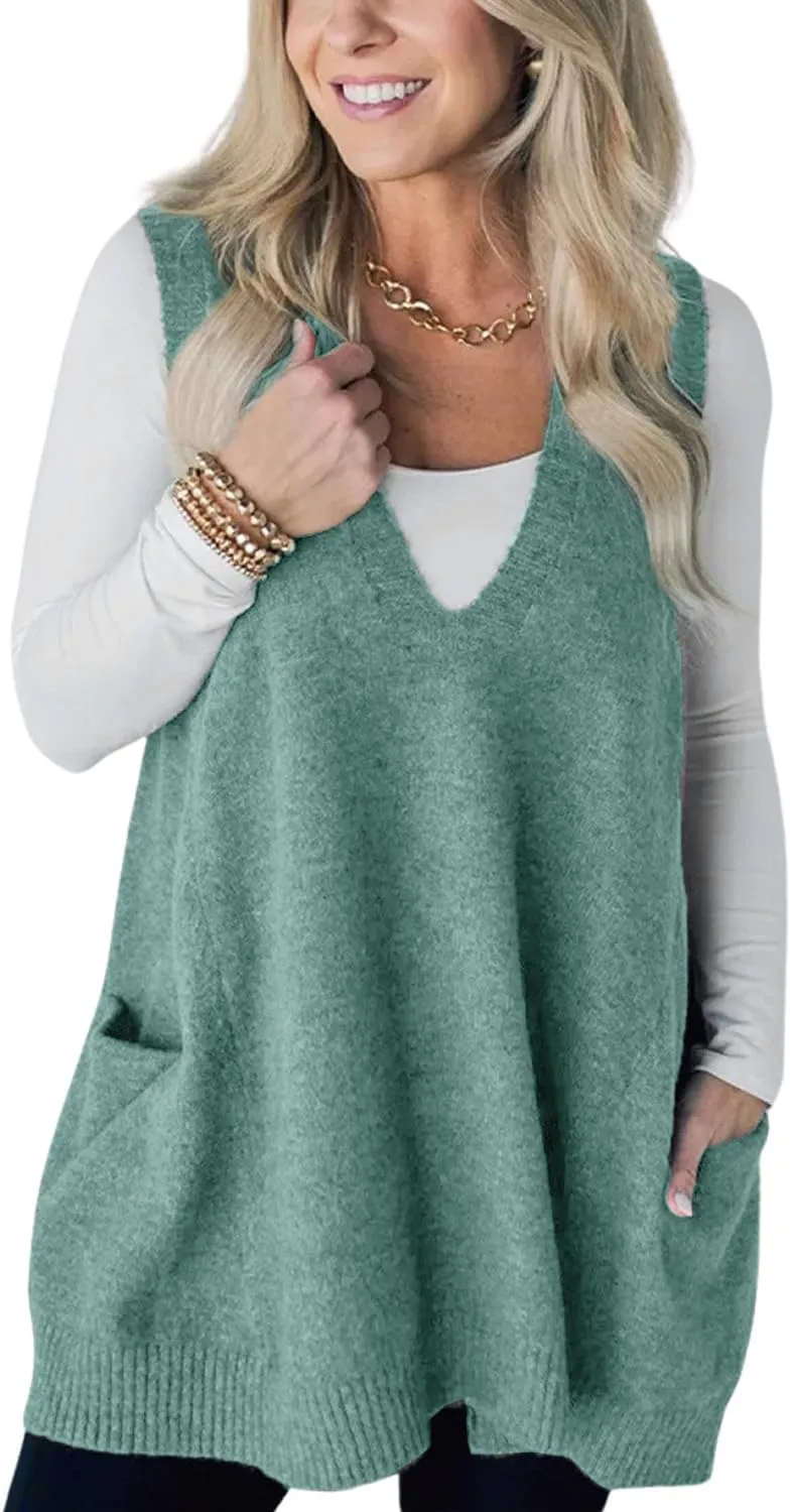 yoeasy Womens Sleeveless Sweater Vest Oversized V Neck Loose Knit Casual A Line Tunic Pullover Top with Pockets