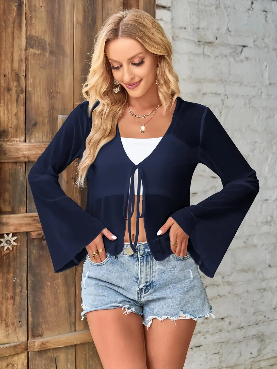 ZAFUL Women Tie Front Cardigan Long Sleeve Sheer Mesh Shrug Tie Top Lightweight Bolero Shrugs for Dresses Cover Ups