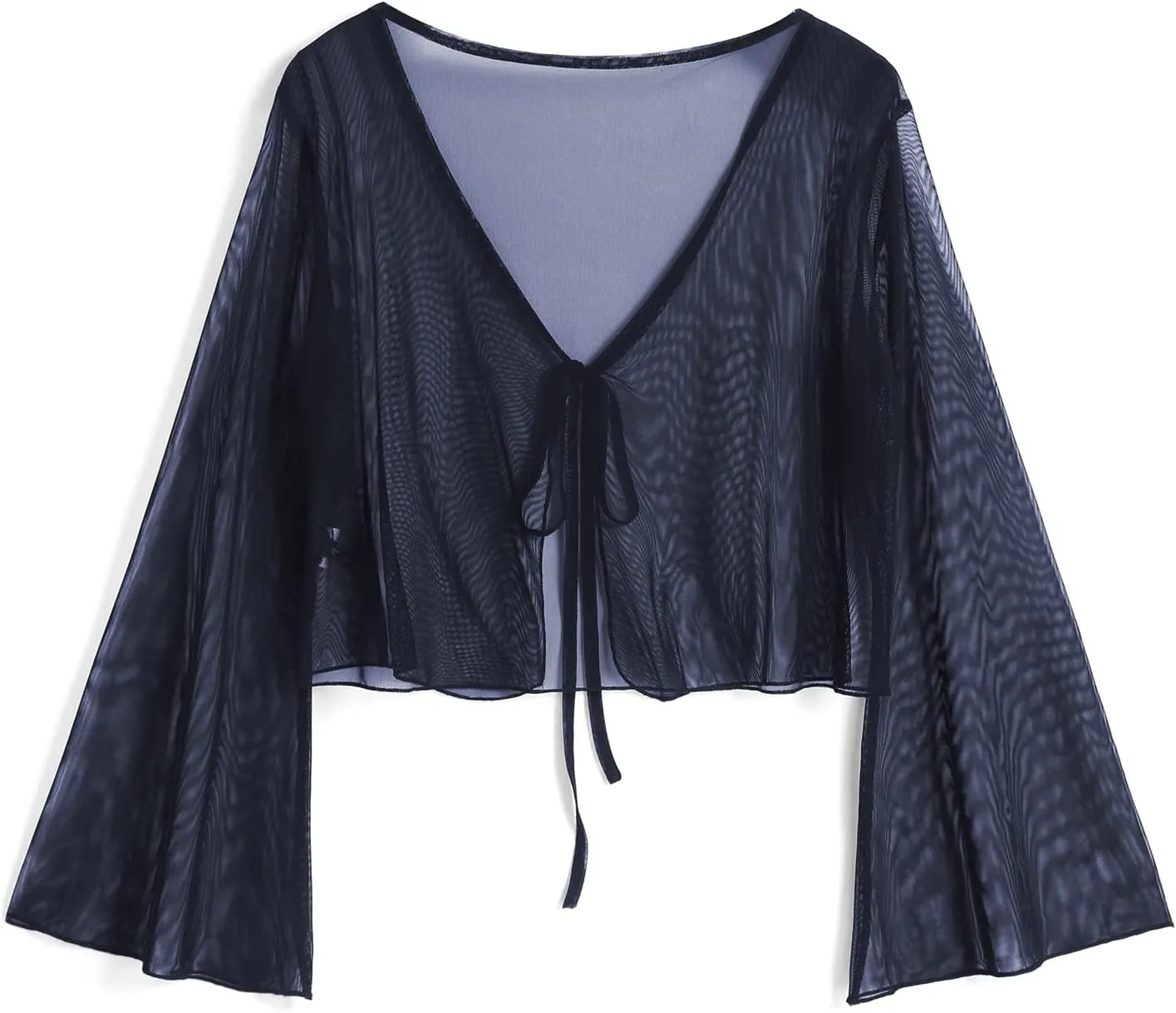 ZAFUL Women Tie Front Cardigan Long Sleeve Sheer Mesh Shrug Tie Top Lightweight Bolero Shrugs for Dresses Cover Ups
