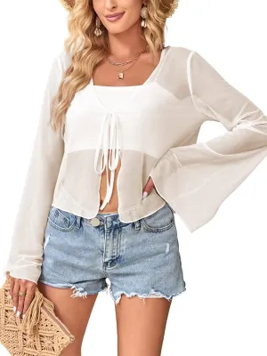 ZAFUL Women Tie Front Cardigan Long Sleeve Sheer Mesh Shrug Tie Top Lightweight Bolero Shrugs for Dresses Cover Ups