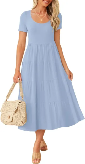 ZESICA Women's Summer Casual T Shirt Dress Short Sleeve Scoop Neck Flowy Tiered Beach Midi Dresses with Pockets
