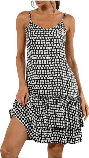 ZYXTIM Summer Dress Womens 2024 Casual Boho Sundress Polka Dot Spaghetti Strap V Neck Layered Swing Dress Flowy Midi Dresses